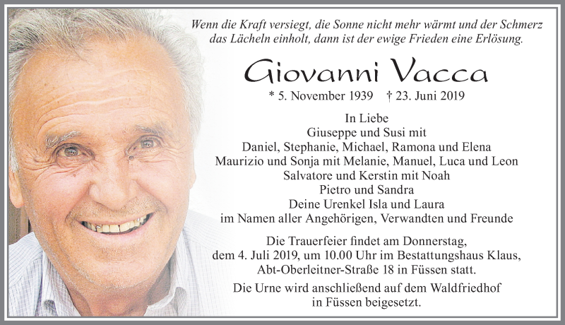  Traueranzeige für Giovanni Vacca vom 02.07.2019 aus Allgäuer Zeitung, Füssen