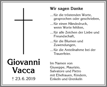 Traueranzeige von Giovanni Vacca von Allgäuer Zeitung, Füssen