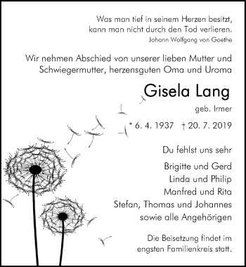 Traueranzeige von Gisela Lang von Der Westallgäuer