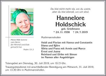 Traueranzeige von Hannelore Holdschick von Allgäuer Zeitung,Kempten
