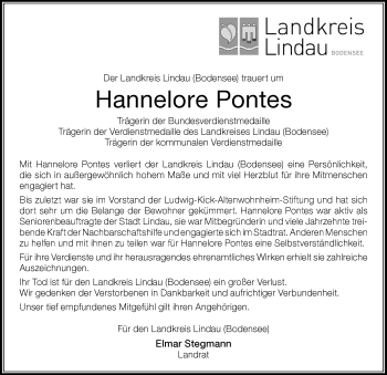 Traueranzeige von Hannelore Pontes von Der Westallgäuer
