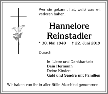 Traueranzeige von Hannelore Reinstadler von Allgäuer Zeitung,Kempten