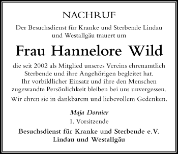 Traueranzeige von Hannelore Wild von Der Westallgäuer