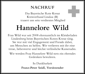 Traueranzeige von Hannelore Wild von Der Westallgäuer