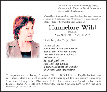 Traueranzeige von Hannelore Wild von Der Westallgäuer