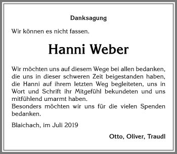 Traueranzeige von Hanni Weber von Allgäuer Anzeigeblatt