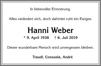 Traueranzeige von Hanni Weber von Allgäuer Anzeigeblatt