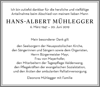 Traueranzeige von Hans-Albert Mühlegger von Allgäuer Zeitung,Kempten