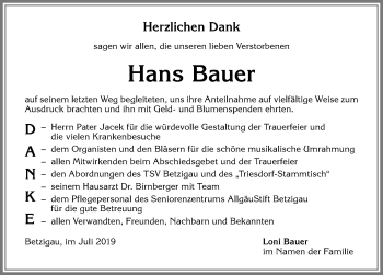Traueranzeige von Hans Bauer von Allgäuer Zeitung,Kempten