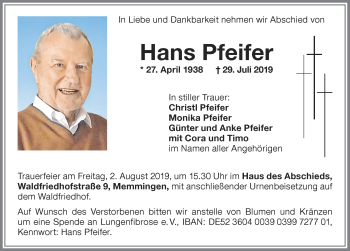 Traueranzeige von Hans Pfeifer von Memminger Zeitung