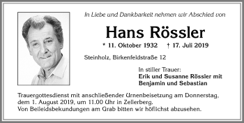 Traueranzeige von Hans Rössler von Allgäuer Zeitung, Kaufbeuren/Buchloe