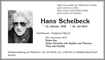 Traueranzeige von Hans Scheibeck von Allgäuer Zeitung, Kaufbeuren/Buchloe