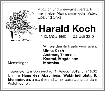 Traueranzeige von Harald Koch von Memminger Zeitung
