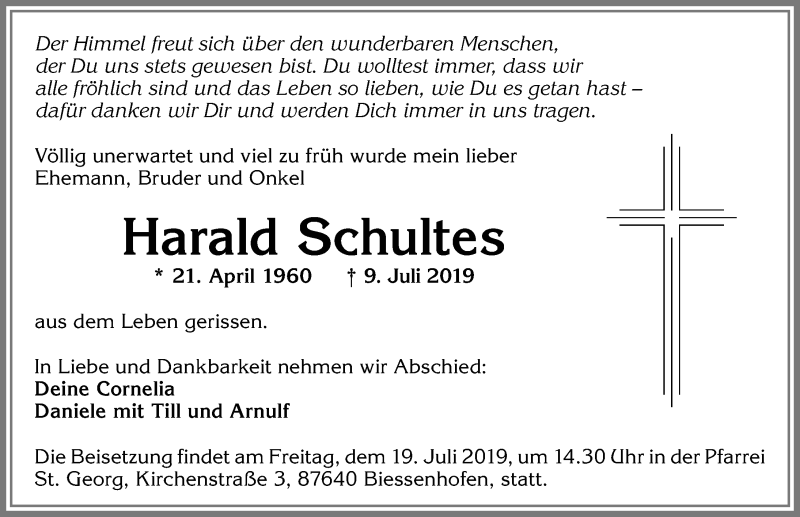  Traueranzeige für Harald Schultes vom 17.07.2019 aus Allgäuer Zeitung, Kaufbeuren/Buchloe