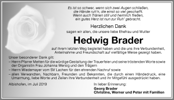 Traueranzeige von Hedwig Brader von Memminger Zeitung