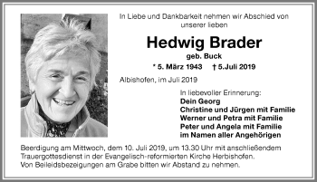 Traueranzeige von Hedwig Brader von Memminger Zeitung