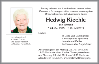 Traueranzeige von Hedwig Kiechle von Allgäuer Zeitung,Kempten