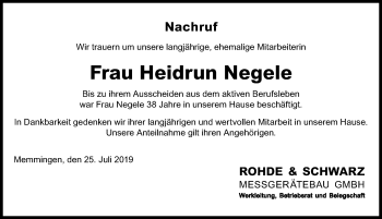 Traueranzeige von Heidrun Negele von Memminger Zeitung