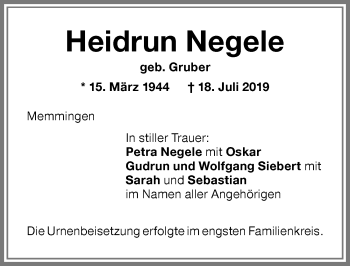 Traueranzeige von Heidrun Negele von Memminger Zeitung