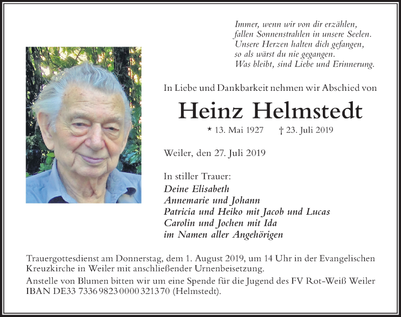  Traueranzeige für Heinz Helmstedt vom 27.07.2019 aus Der Westallgäuer