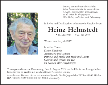 Traueranzeige von Heinz Helmstedt von Der Westallgäuer