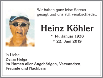 Traueranzeige von Heinz Köhler von Allgäuer Zeitung,Kempten