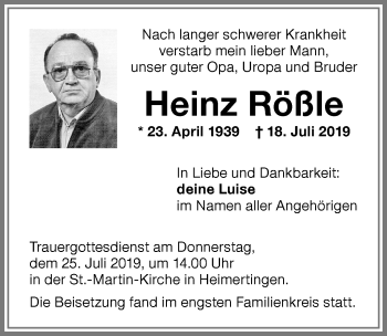 Traueranzeige von Heinz Rößle von Memminger Zeitung