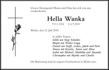 Traueranzeige von Hella Wanka von Der Westallgäuer