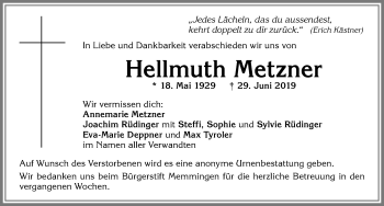 Traueranzeige von Hellmuth Metzner von Memminger Zeitung