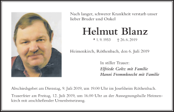 Traueranzeige von Helmut Blanz von Der Westallgäuer