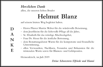 Traueranzeige von Helmut Blanz von Der Westallgäuer
