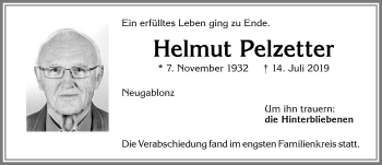 Traueranzeige von Helmut Pelzetter von Allgäuer Zeitung, Kaufbeuren/Buchloe