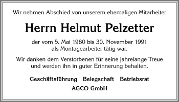 Traueranzeige von Helmut Pelzetter von Allgäuer Zeitung, Kaufbeuren/Buchloe