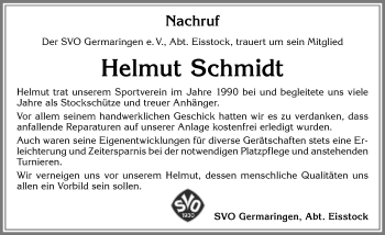 Traueranzeige von Helmut Schmidt von Allgäuer Zeitung, Kaufbeuren/Buchloe
