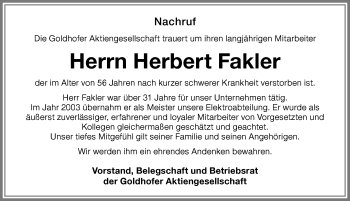 Traueranzeige von Herbert Fakler von Memminger Zeitung