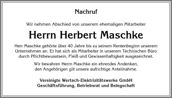 Traueranzeige von Herbert Maschke von Allgäuer Zeitung, Kaufbeuren/Buchloe