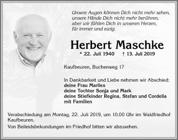 Traueranzeige von Herbert Maschke von Allgäuer Zeitung, Kaufbeuren/Buchloe