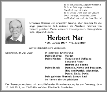 Traueranzeige von Herbert Nar von Allgäuer Anzeigeblatt