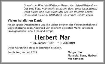 Traueranzeige von Herbert Nar von Allgäuer Anzeigeblatt