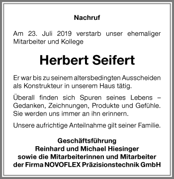 Traueranzeige von Herbert Seifert von Memminger Zeitung