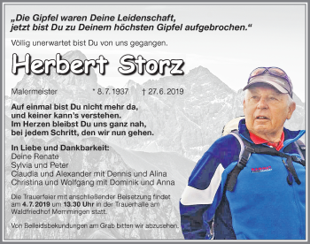 Traueranzeige von Herbert Storz von Memminger Zeitung