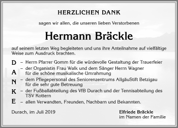 Traueranzeige von Hermann Bräckle von Allgäuer Zeitung,Kempten