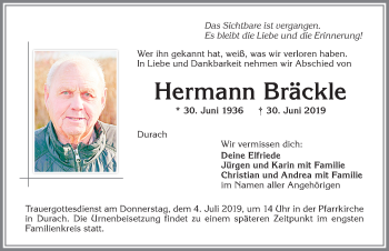 Traueranzeige von Hermann Bräckle von Allgäuer Zeitung,Kempten