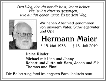 Traueranzeige von Hermann Maier von Allgäuer Zeitung, Marktoberdorf