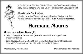 Traueranzeige von Hermann Maurus von Allgäuer Zeitung, Kaufbeuren/Buchloe