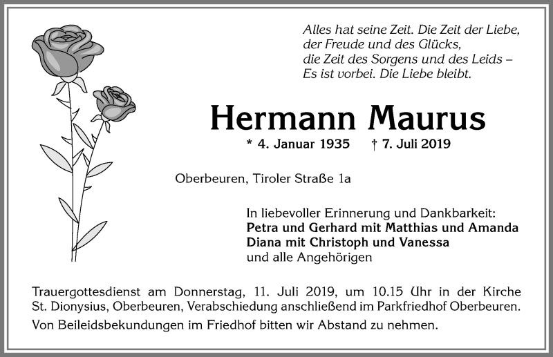  Traueranzeige für Hermann Maurus vom 09.07.2019 aus Allgäuer Zeitung, Kaufbeuren/Buchloe