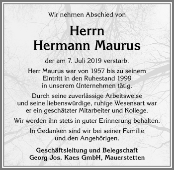 Traueranzeige von Hermann Maurus von Allgäuer Zeitung, Kaufbeuren/Buchloe