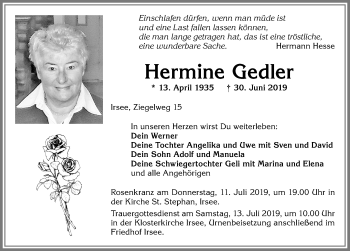 Traueranzeige von Hermine Gedler von Allgäuer Zeitung, Kaufbeuren/Buchloe