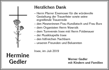 Traueranzeige von Hermine Gedler von Allgäuer Zeitung, Kaufbeuren/Buchloe