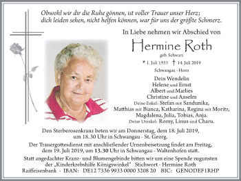 Traueranzeige von Hermine Roth von Allgäuer Zeitung, Füssen